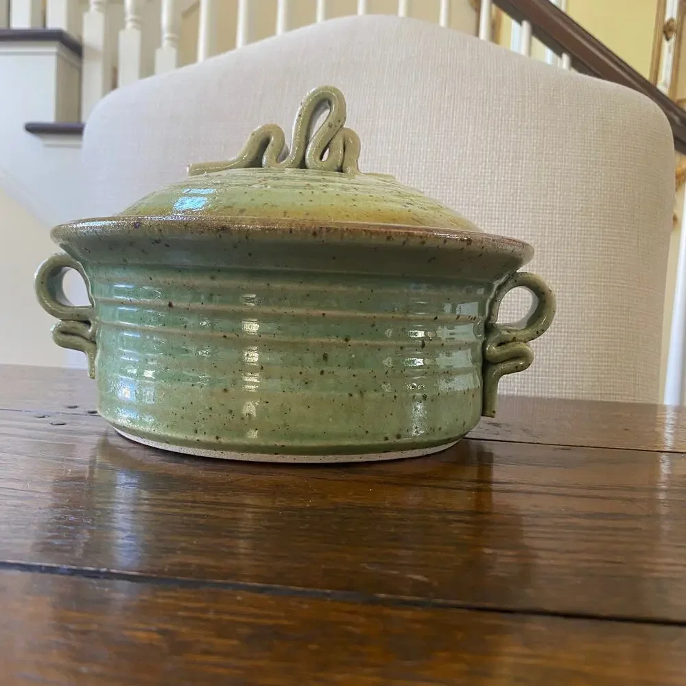 Signed Studio Pottery Green Casserole w Lid 8.5” Diameter